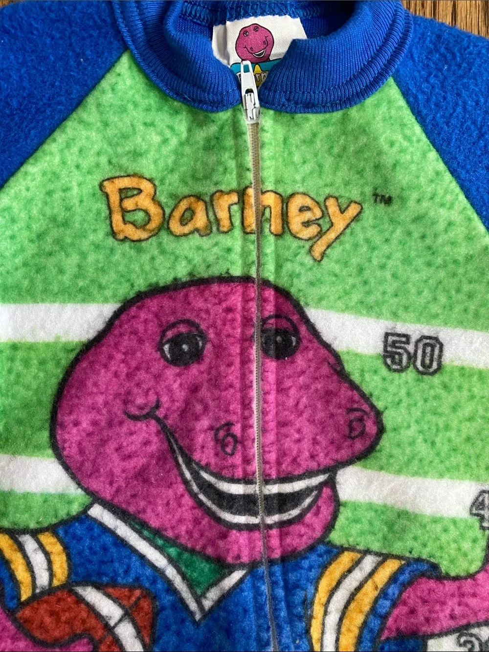 Vintage 1992 Barney and Friends fleece, footed zip up sleeper, size 0-6M.